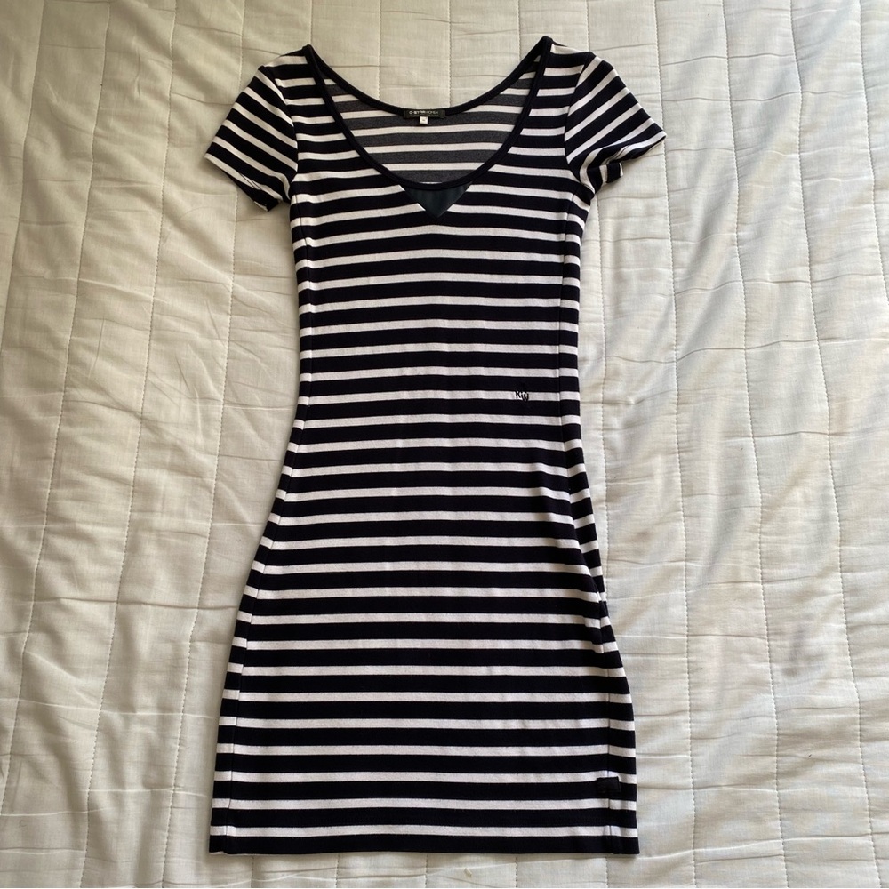 G-Star Black and White Striped Scoop Neck Mini Dress
